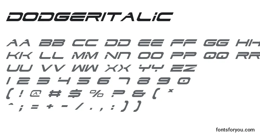 DodgerItalic-fontti – aakkoset, numerot, erikoismerkit