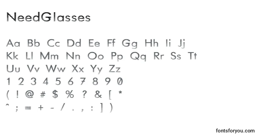 Schriftart NeedGlasses – Alphabet, Zahlen, spezielle Symbole