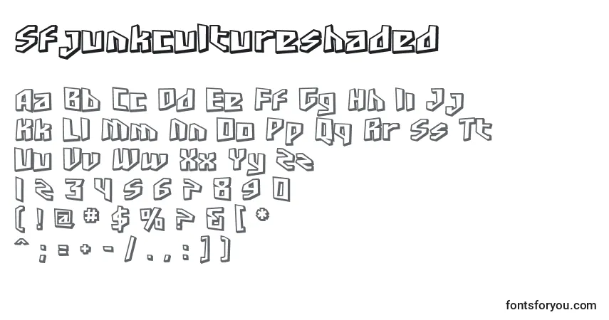 Czcionka Sfjunkcultureshaded – alfabet, cyfry, specjalne znaki