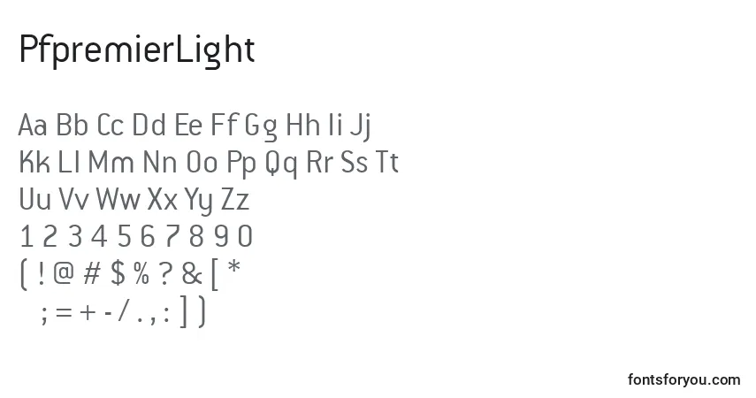 Czcionka PfpremierLight – alfabet, cyfry, specjalne znaki