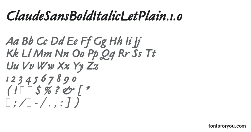 A fonte ClaudeSansBoldItalicLetPlain.1.0 – alfabeto, números, caracteres especiais
