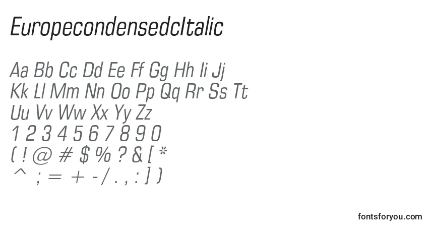 A fonte EuropecondensedcItalic – alfabeto, números, caracteres especiais