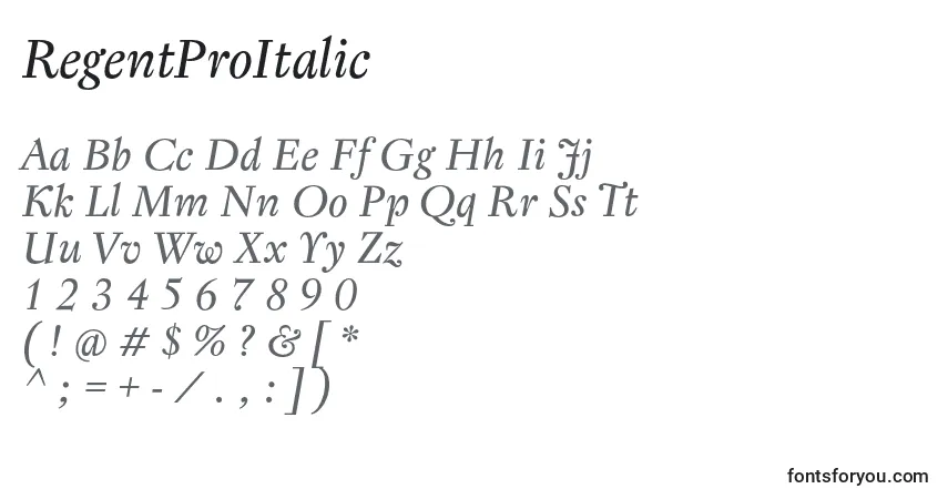 A fonte RegentProItalic – alfabeto, números, caracteres especiais