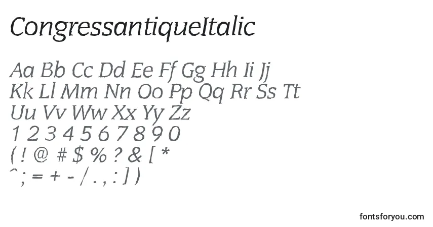 Schriftart CongressantiqueItalic – Alphabet, Zahlen, spezielle Symbole