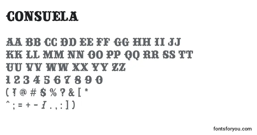 A fonte Consuela – alfabeto, números, caracteres especiais