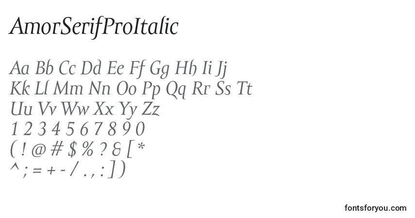 Schriftart AmorSerifProItalic – Alphabet, Zahlen, spezielle Symbole