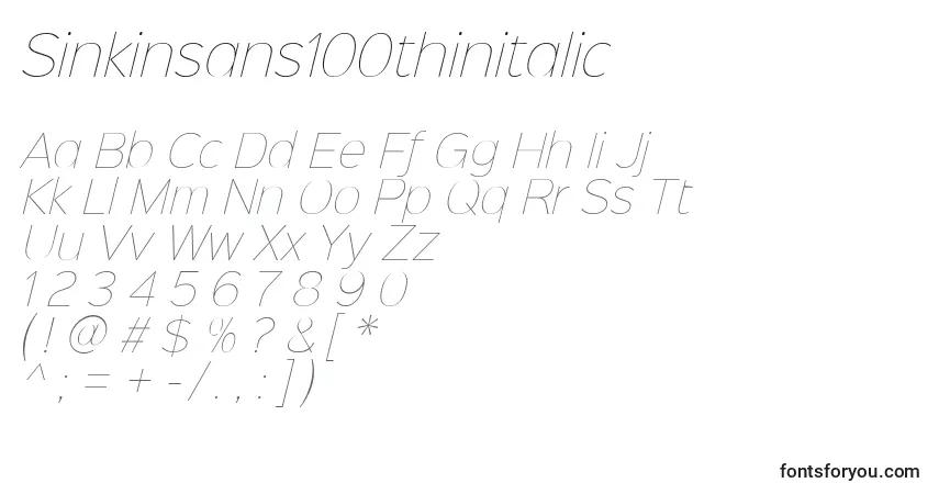 Czcionka Sinkinsans100thinitalic – alfabet, cyfry, specjalne znaki