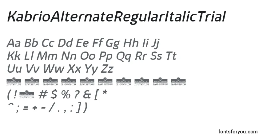 A fonte KabrioAlternateRegularItalicTrial – alfabeto, números, caracteres especiais