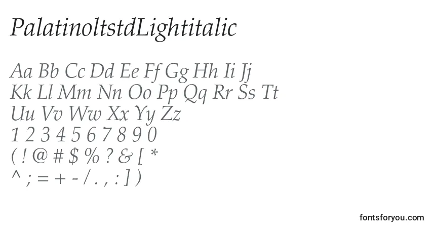 Шрифт PalatinoltstdLightitalic – алфавит, цифры, специальные символы