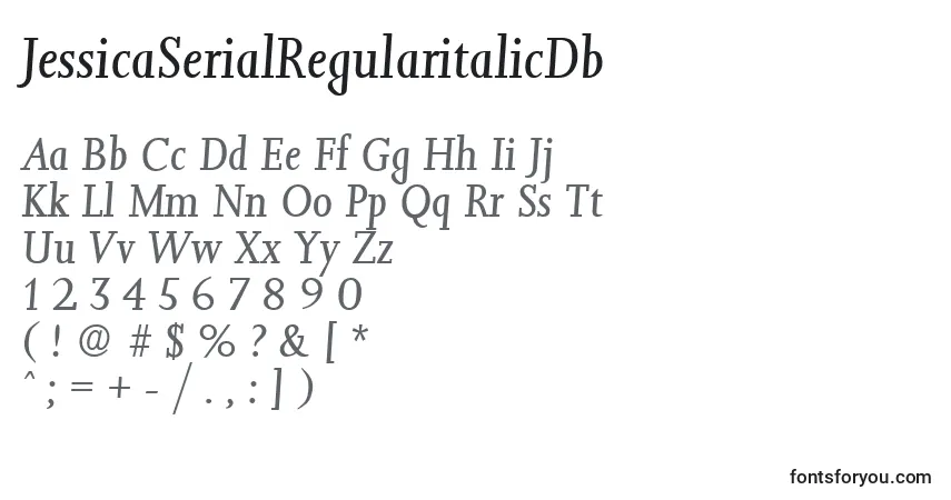 Czcionka JessicaSerialRegularitalicDb – alfabet, cyfry, specjalne znaki