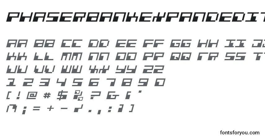 Шрифт PhaserBankExpandedItalic – алфавит, цифры, специальные символы