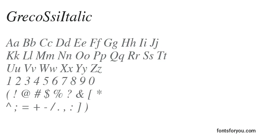 Czcionka GrecoSsiItalic – alfabet, cyfry, specjalne znaki
