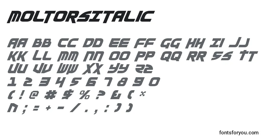 A fonte MoltorsItalic – alfabeto, números, caracteres especiais