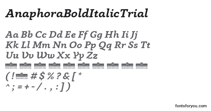 A fonte AnaphoraBoldItalicTrial – alfabeto, números, caracteres especiais