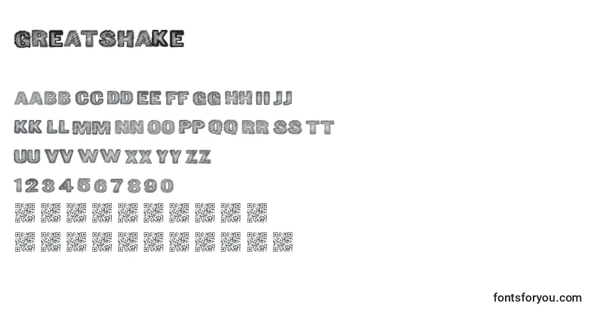 Czcionka Greatshake – alfabet, cyfry, specjalne znaki