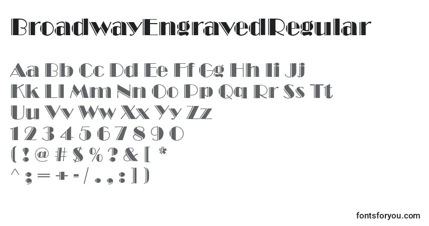 Шрифт BroadwayEngravedRegular – алфавит, цифры, специальные символы