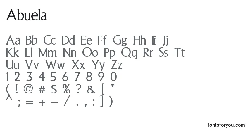 Czcionka Abuela – alfabet, cyfry, specjalne znaki