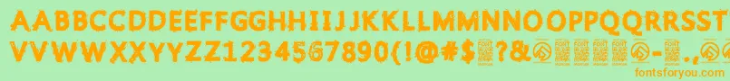 フォントGristledfontRegular – オレンジの文字が緑の背景にあります。