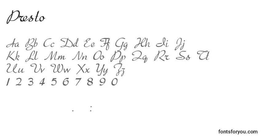 A fonte Presto (36974) – alfabeto, números, caracteres especiais