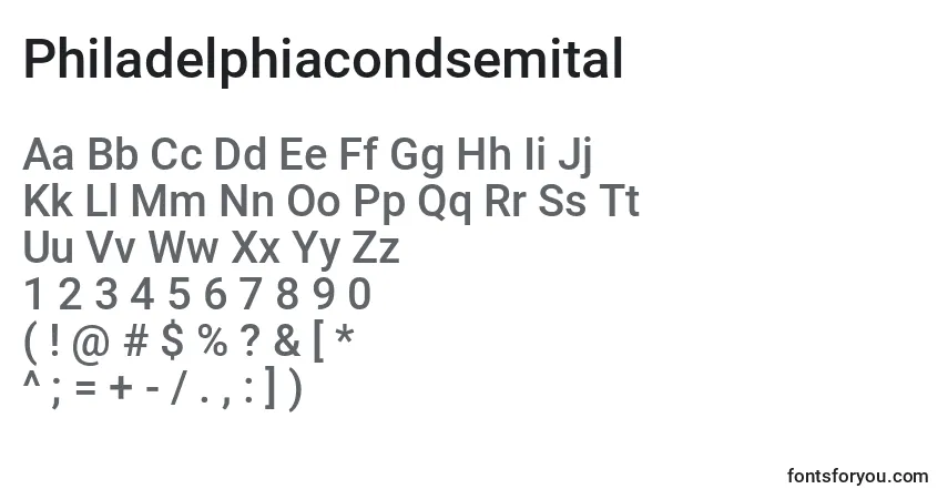 Шрифт Philadelphiacondsemital – алфавит, цифры, специальные символы