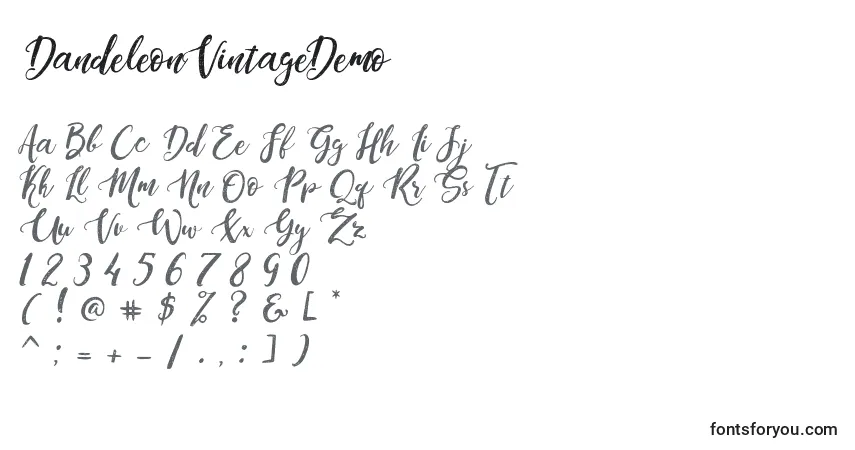 characters of dandeleonvintagedemo font, letter of dandeleonvintagedemo font, alphabet of  dandeleonvintagedemo font