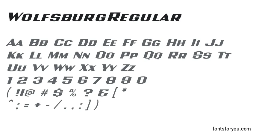 Czcionka WolfsburgRegular – alfabet, cyfry, specjalne znaki