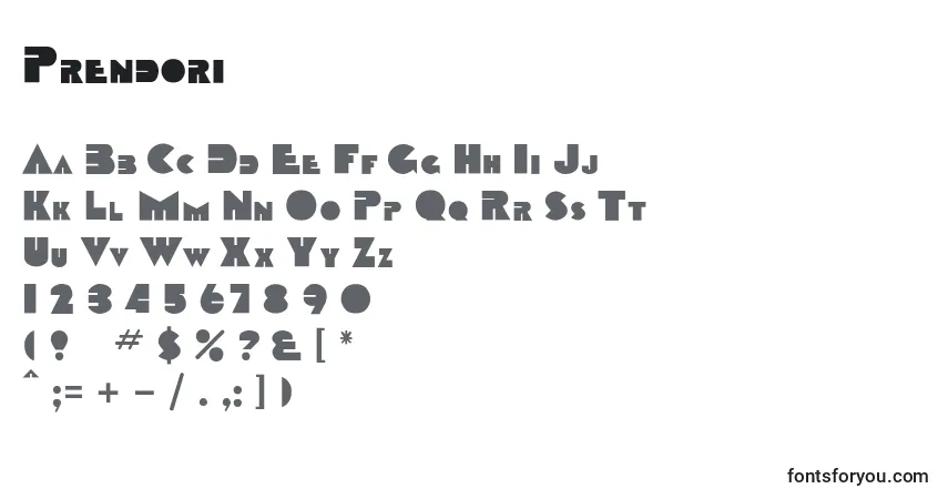 Шрифт Prendori – алфавит, цифры, специальные символы