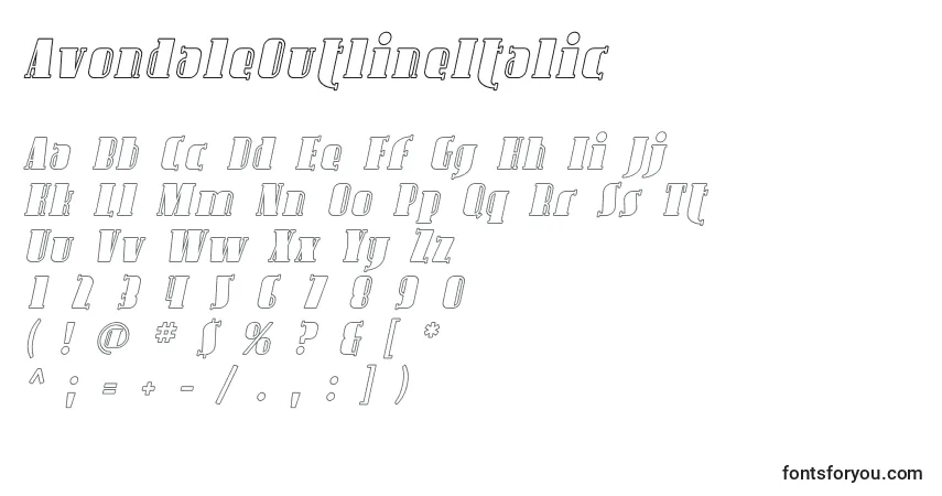 A fonte AvondaleOutlineItalic – alfabeto, números, caracteres especiais