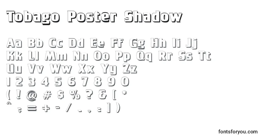 Schriftart Tobago Poster Shadow – Alphabet, Zahlen, spezielle Symbole
