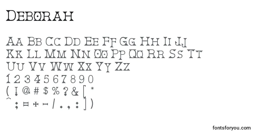 Czcionka Deborah – alfabet, cyfry, specjalne znaki