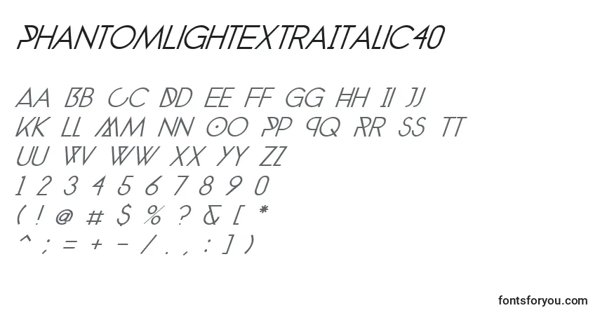 Czcionka PhantomLightExtraItalic40 – alfabet, cyfry, specjalne znaki