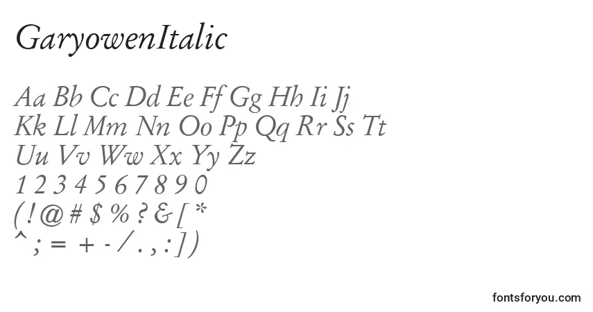 A fonte GaryowenItalic – alfabeto, números, caracteres especiais