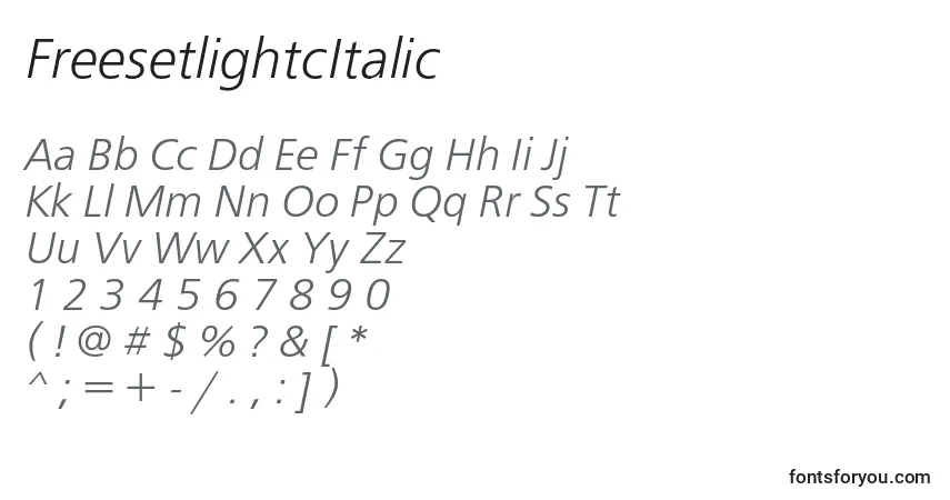 Czcionka FreesetlightcItalic – alfabet, cyfry, specjalne znaki