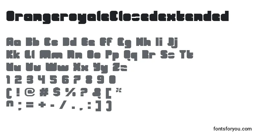 A fonte OrangeroyaleClosedextended – alfabeto, números, caracteres especiais
