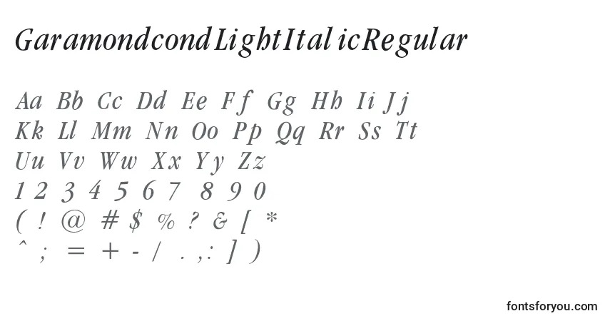 Czcionka GaramondcondLightItalicRegular – alfabet, cyfry, specjalne znaki