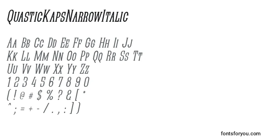 A fonte QuasticKapsNarrowItalic – alfabeto, números, caracteres especiais