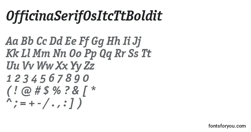 A fonte OfficinaSerifOsItcTtBoldit – alfabeto, números, caracteres especiais