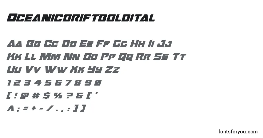 Czcionka Oceanicdriftboldital – alfabet, cyfry, specjalne znaki