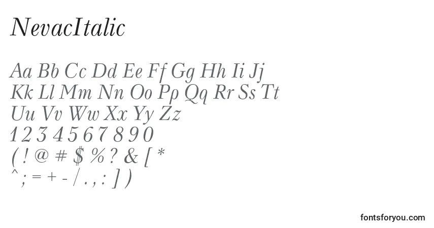 A fonte NevacItalic – alfabeto, números, caracteres especiais