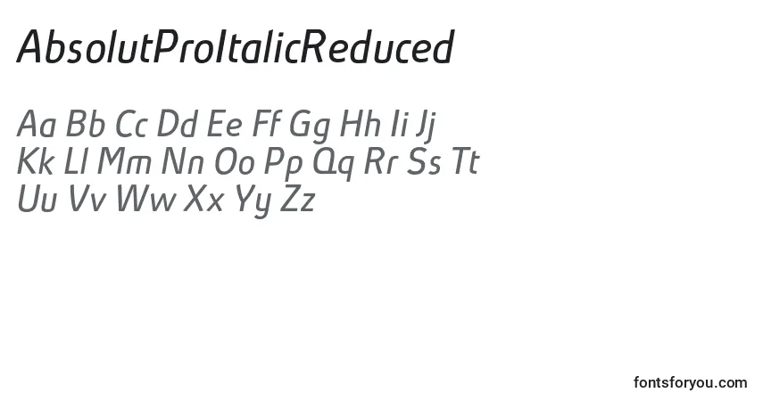 Schriftart AbsolutProItalicReduced – Alphabet, Zahlen, spezielle Symbole