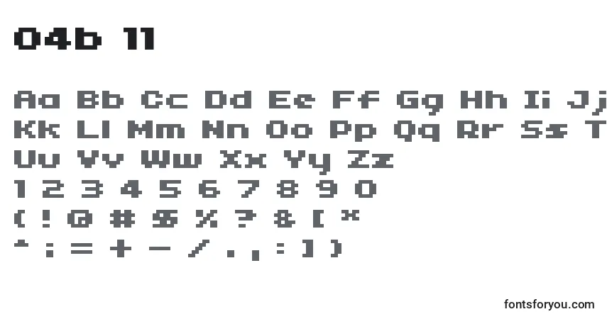 Czcionka 04b 11  – alfabet, cyfry, specjalne znaki