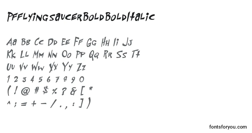 A fonte PfflyingsaucerBoldBoldItalic – alfabeto, números, caracteres especiais