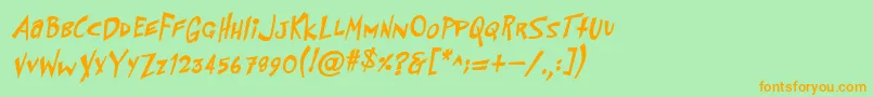 フォントPfflyingsaucerBoldBoldItalic – オレンジの文字が緑の背景にあります。