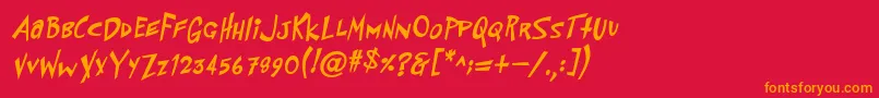 PfflyingsaucerBoldBoldItalic-Schriftart – Orangefarbene Schriften auf rotem Hintergrund
