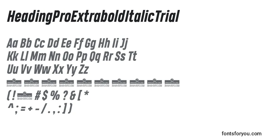 Шрифт HeadingProExtraboldItalicTrial – алфавит, цифры, специальные символы