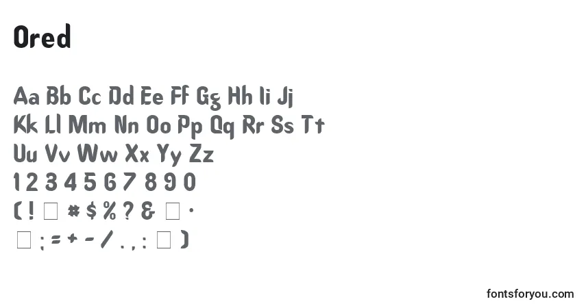 A fonte Ored – alfabeto, números, caracteres especiais