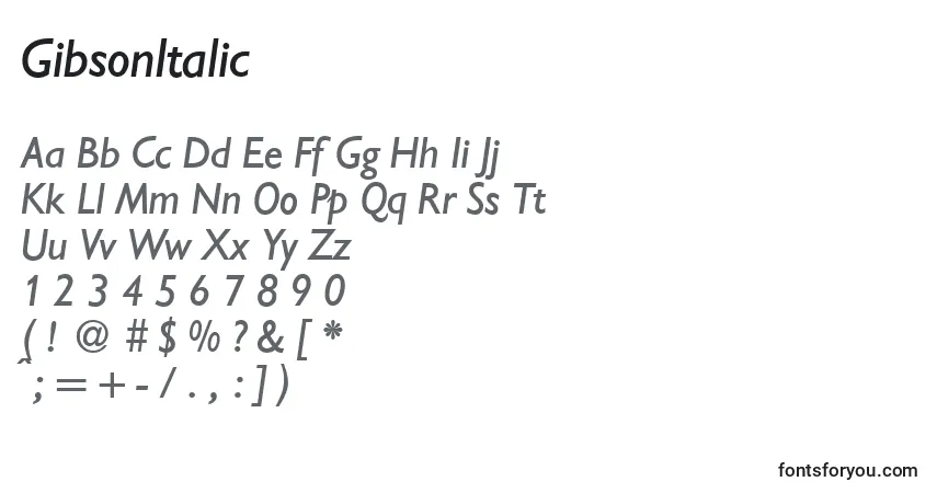 Czcionka GibsonItalic – alfabet, cyfry, specjalne znaki