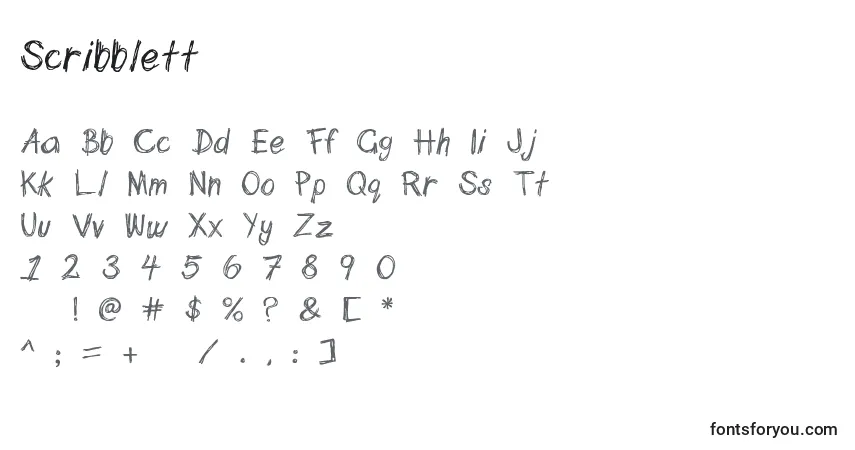 Czcionka Scribblett – alfabet, cyfry, specjalne znaki