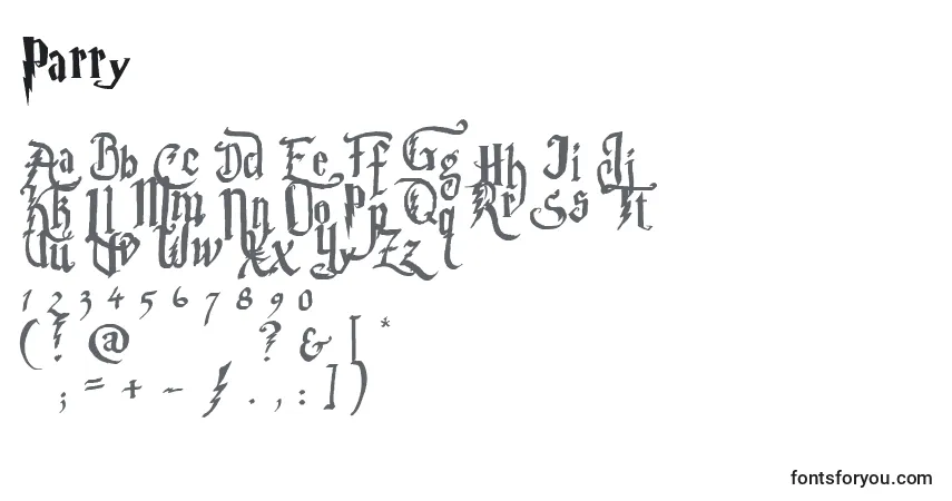 Czcionka Parry – alfabet, cyfry, specjalne znaki