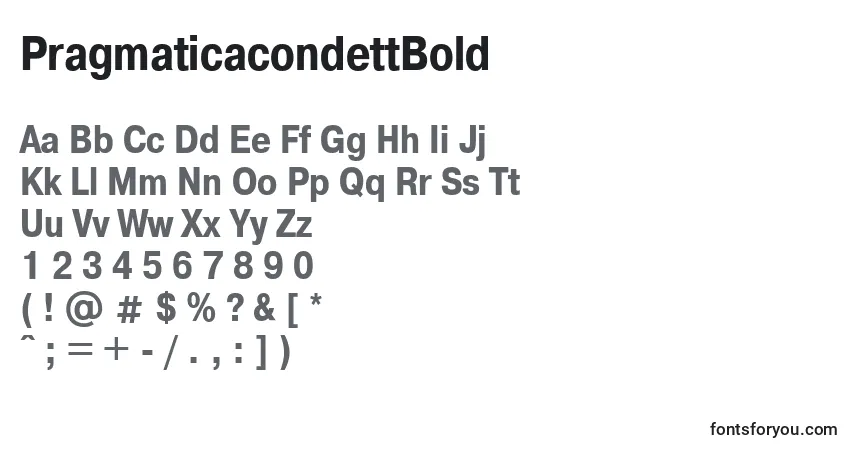 A fonte PragmaticacondettBold – alfabeto, números, caracteres especiais